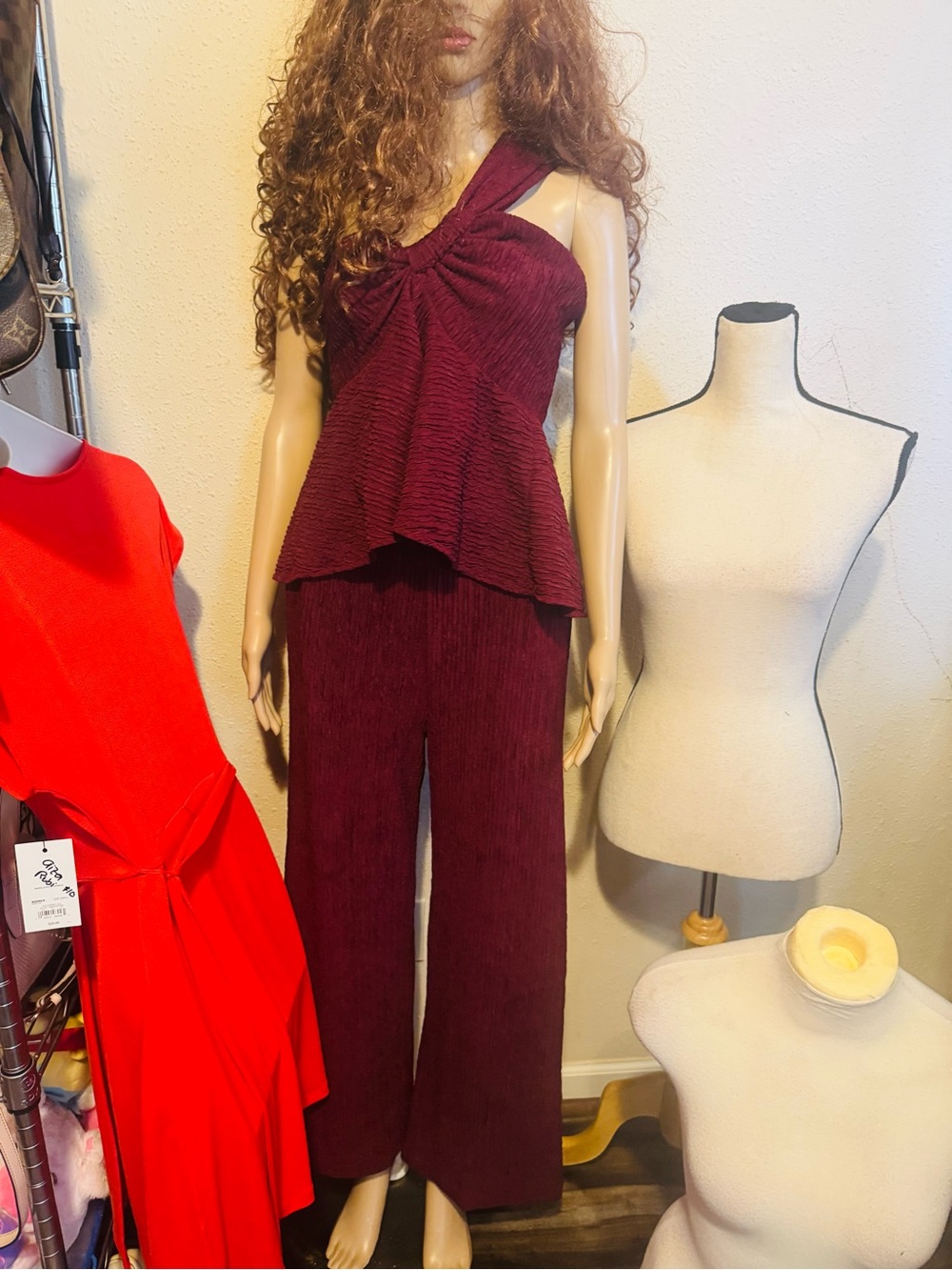 Women's Sleeveless Wide-Leg terno pants and top in Burgundy from Thailand